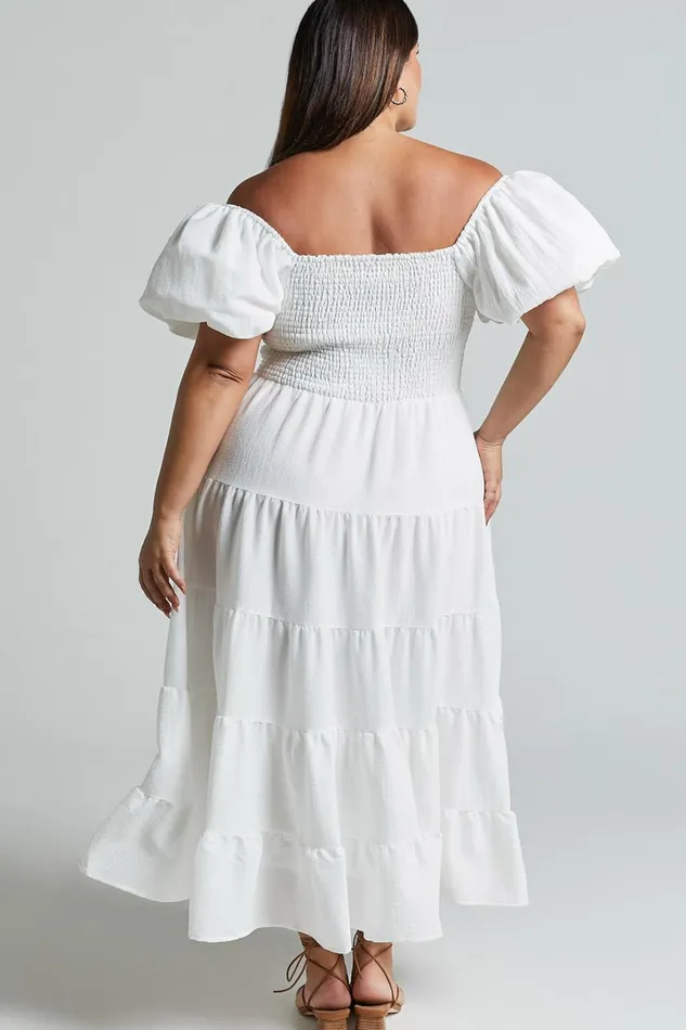 Maxima Midi Dress 8211 Puff Sleeve Shirred Bodice Tiered Dress In White Women Showpo Maternity Clothes