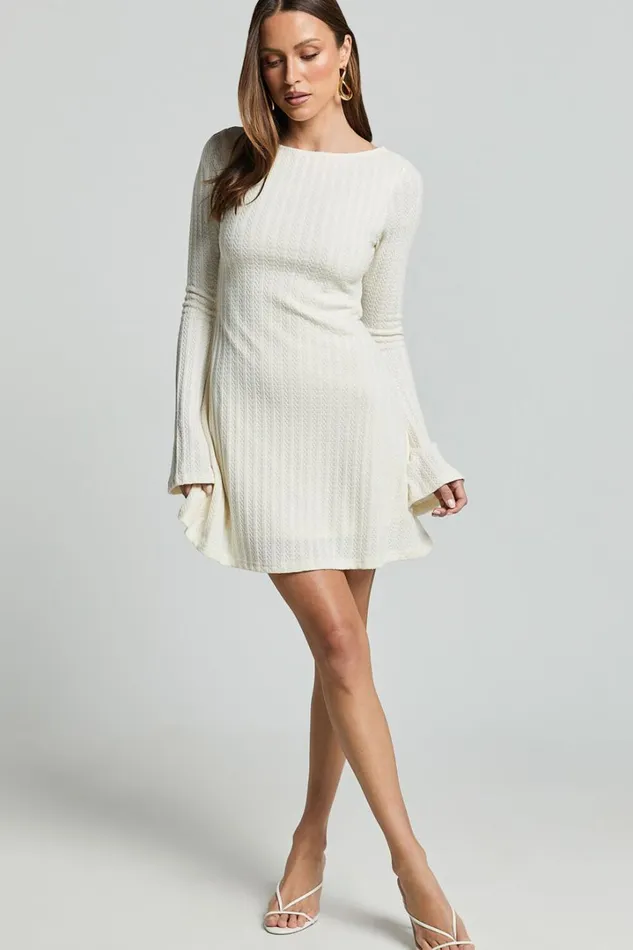 Melissa Mini Dress 8211 Flared Long Sleeve A Line Dress In Off White Women Showpo Dresses