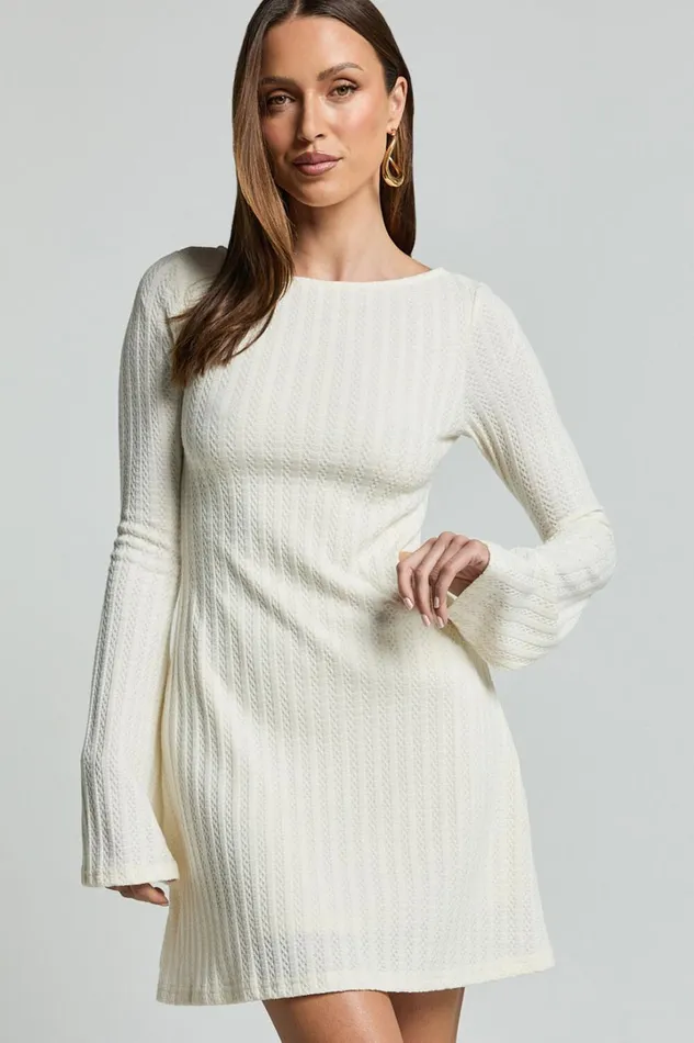 Melissa Mini Dress 8211 Flared Long Sleeve A Line Dress In Off White Women Showpo Dresses