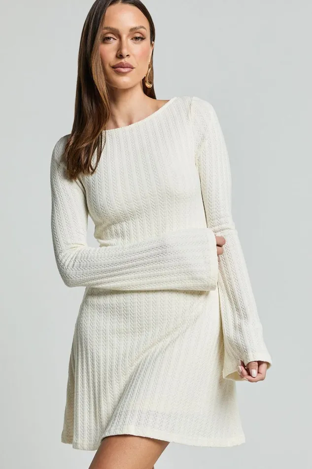 Melissa Mini Dress 8211 Flared Long Sleeve A Line Dress In Off White Women Showpo Dresses