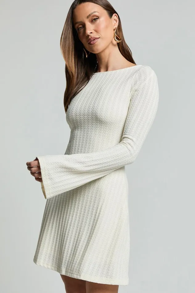 Melissa Mini Dress 8211 Flared Long Sleeve A Line Dress In Off White Women Showpo Dresses