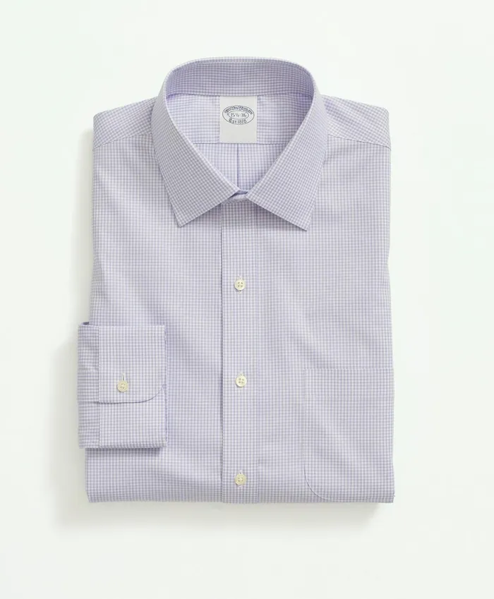 Men Big and Tall Stretch Supima Cotton NonIron Pinpoint Oxford Ainsley Collar Gingham Dress Shirt Lavender Brooks Brothers Dress Shirts