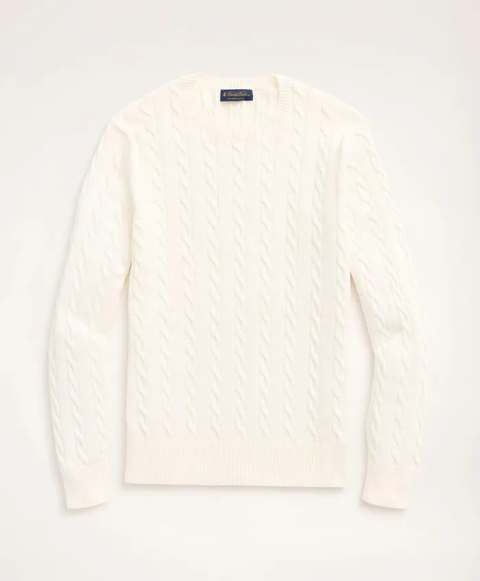 Men Big and Tall Supima Cotton Cable Crewneck Sweater Ivory Brooks Brothers Sweaters