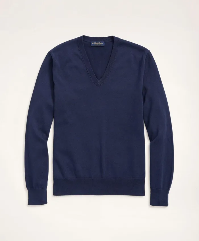 Men Big and Tall Supima Cotton VNeck Sweater Navy Brooks Brothers Sweaters
