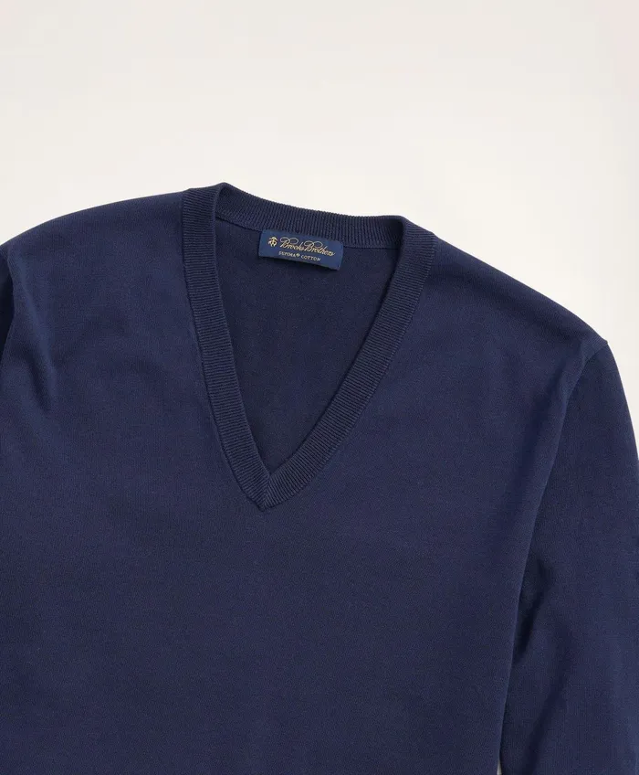 Men Big and Tall Supima Cotton VNeck Sweater Navy Brooks Brothers Sweaters