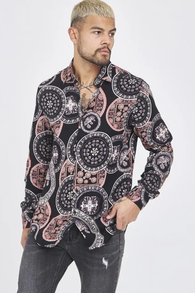 Men Black Shirt With OrangePurpleBeige Greek Patterns Black Brentiny Paris Shirts