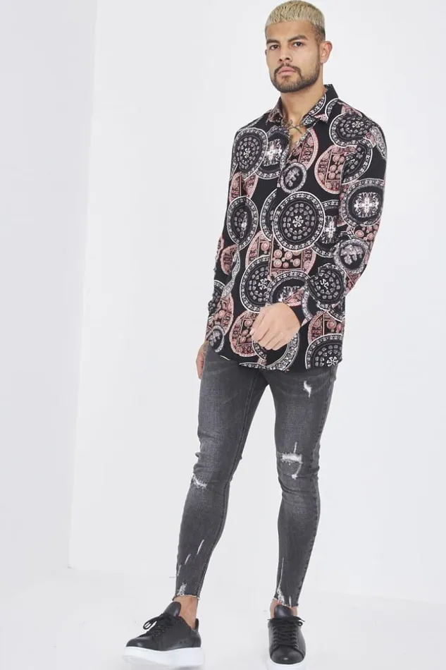 Men Black Shirt With OrangePurpleBeige Greek Patterns Black Brentiny Paris Shirts