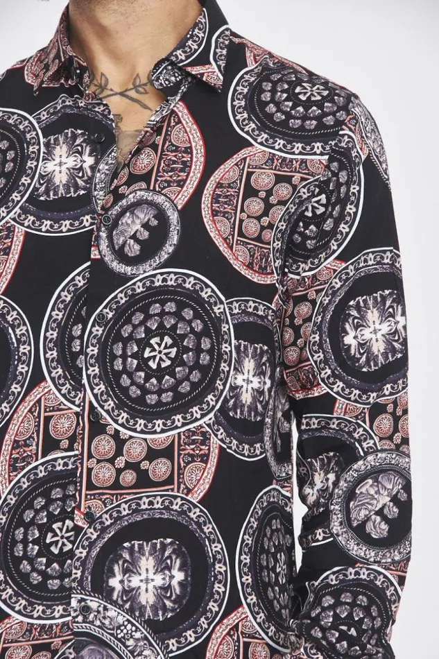 Men Black Shirt With OrangePurpleBeige Greek Patterns Black Brentiny Paris Shirts