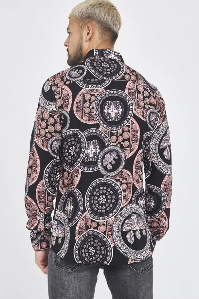 Men Black Shirt With OrangePurpleBeige Greek Patterns Black Brentiny Paris Shirts