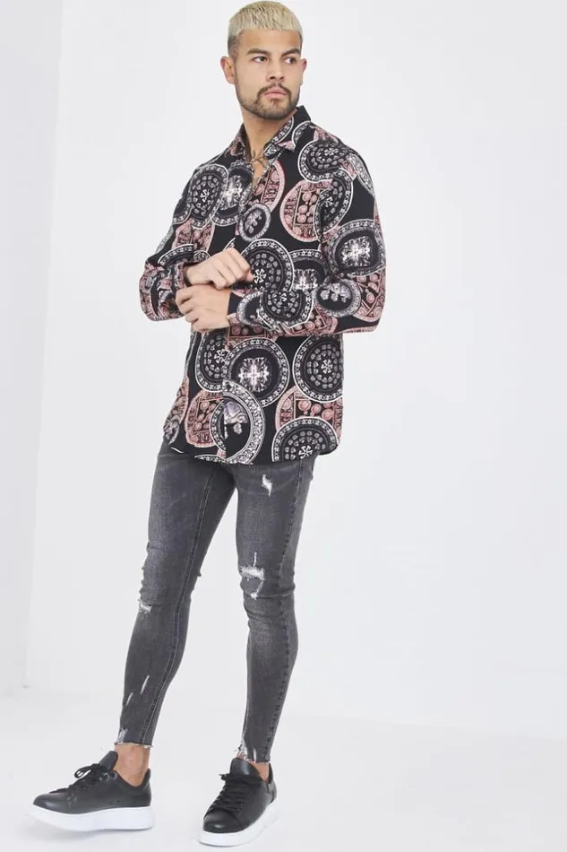 Men Black Shirt With OrangePurpleBeige Greek Patterns Black Brentiny Paris Shirts