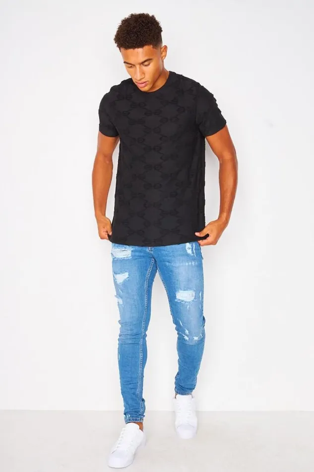 Men Black TShirt With Textured Bb Pattern Black Brentiny Paris TShirts
