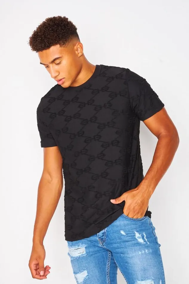 Men Black TShirt With Textured Bb Pattern Black Brentiny Paris TShirts
