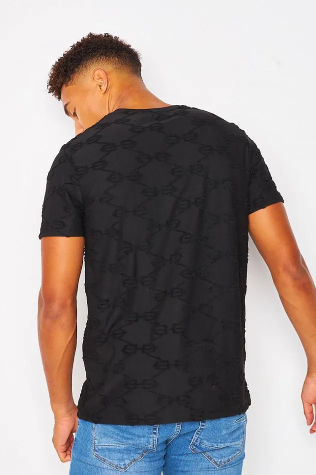 Men Black TShirt With Textured Bb Pattern Black Brentiny Paris TShirts
