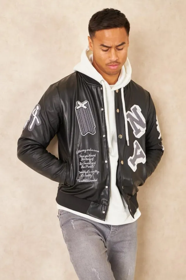 Men Bomber En Simili Cuir Noir Brode 034Ny034 Black Brentiny Paris Jackets
