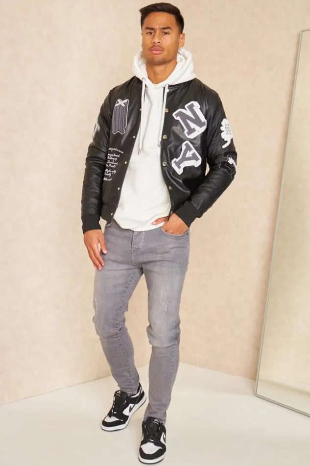 Men Bomber En Simili Cuir Noir Brode 034Ny034 Black Brentiny Paris Jackets