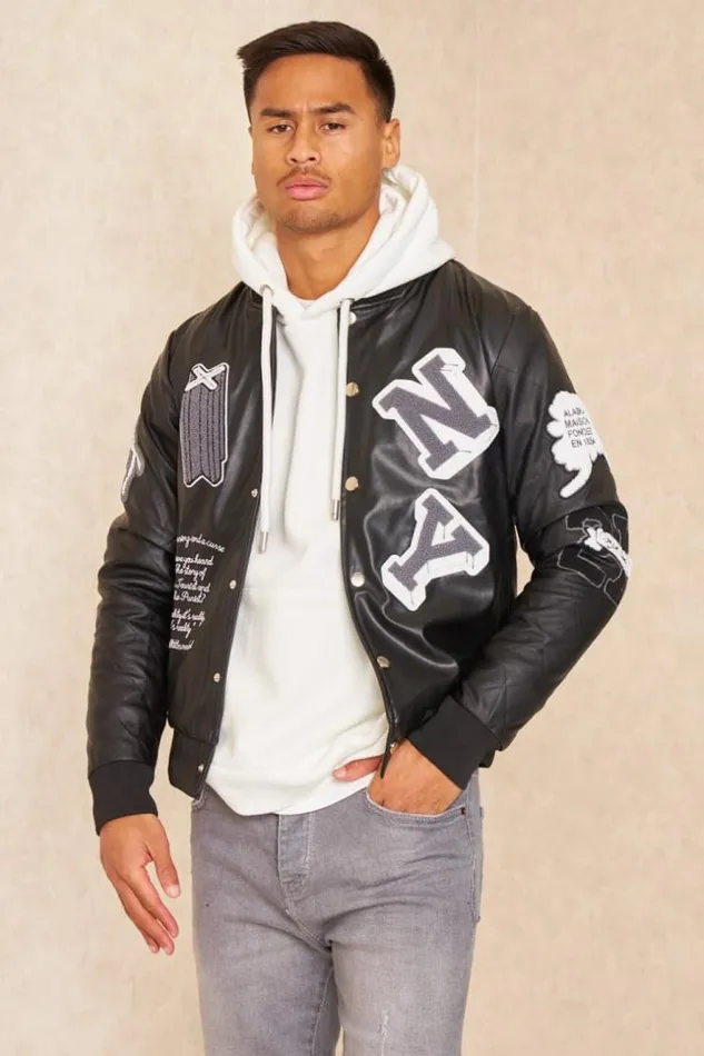 Men Bomber En Simili Cuir Noir Brode 034Ny034 Black Brentiny Paris Jackets