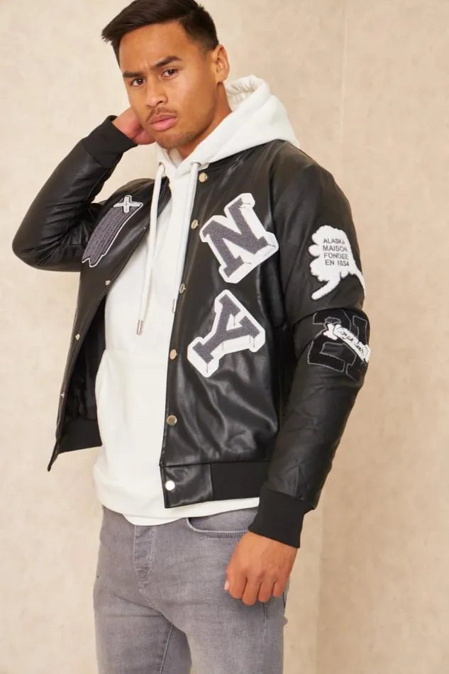 Men Bomber En Simili Cuir Noir Brode 034Ny034 Black Brentiny Paris Jackets