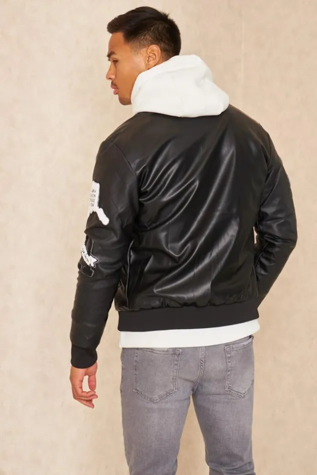 Men Bomber En Simili Cuir Noir Brode 034Ny034 Black Brentiny Paris Jackets