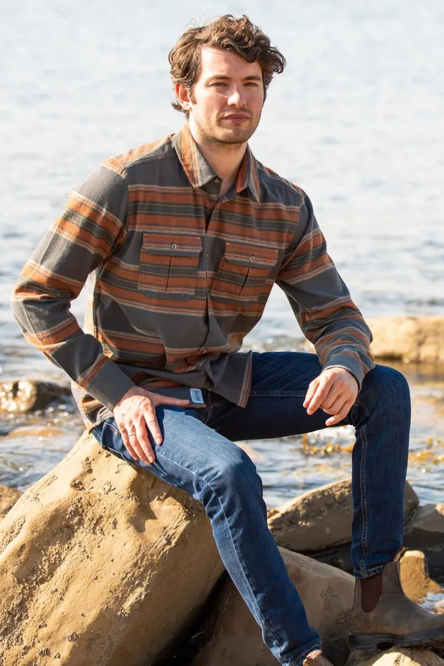 Men Brakeburn Shirts Orange and Brown Stripe Flannel Shirt