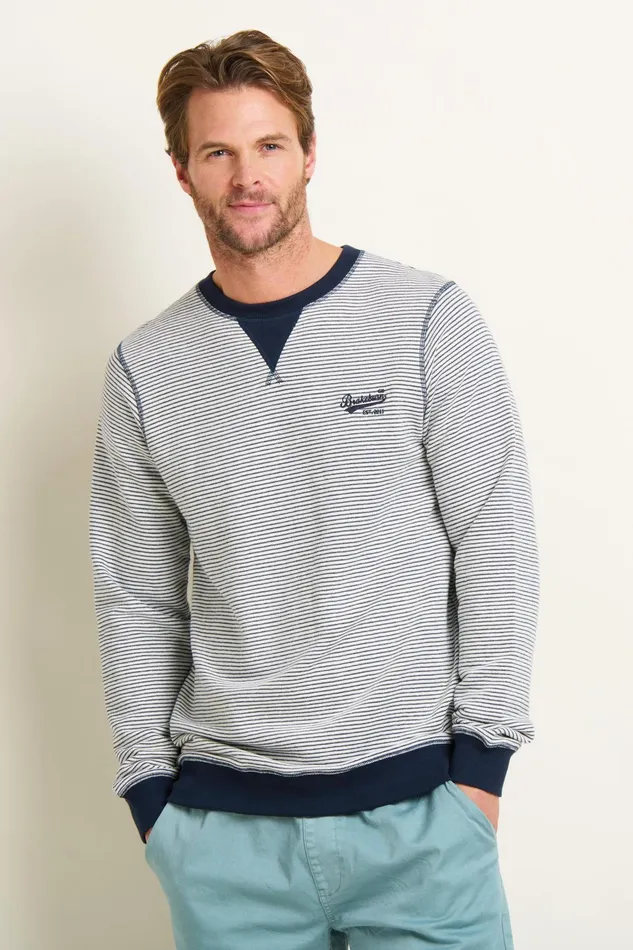 Men Brakeburn Sweatshirts And Hoodies Navy Stripe Crew Neck Sweat