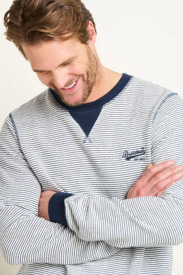 Men Brakeburn Sweatshirts And Hoodies Navy Stripe Crew Neck Sweat