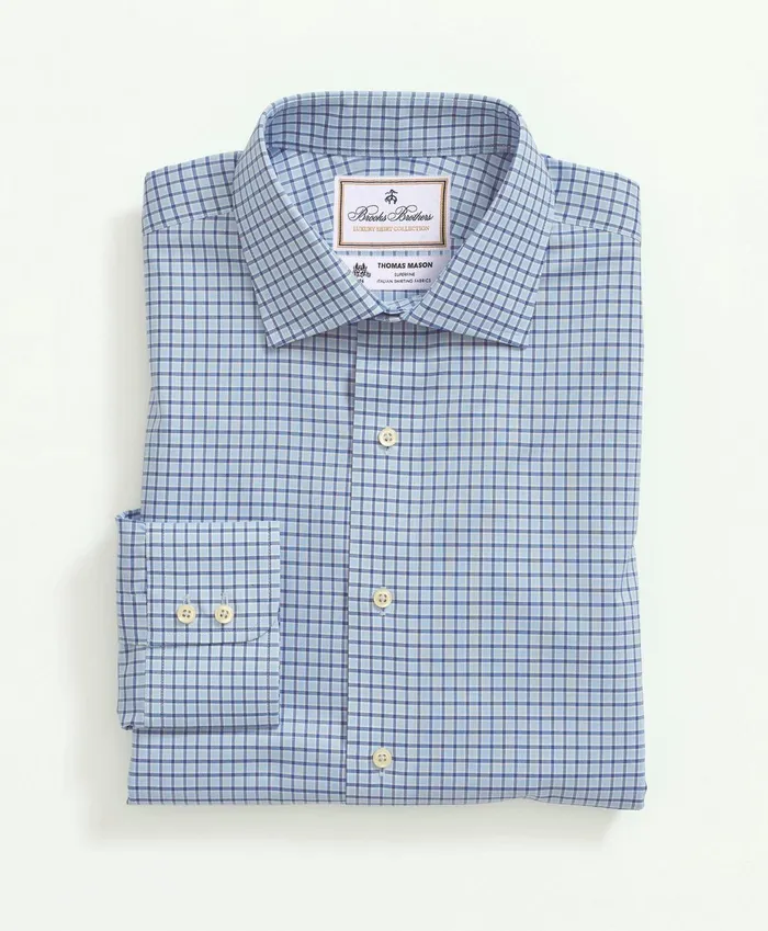 Men Brooks Brothers X Thomas Mason Cotton Poplin English Collar Check Dress Shirt Blue Brooks Brothers Dress Shirts