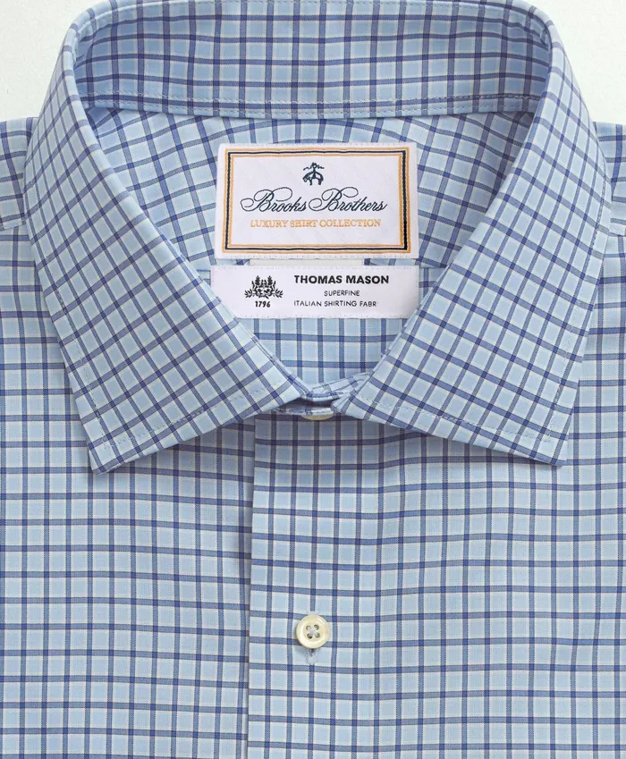 Men Brooks Brothers X Thomas Mason Cotton Poplin English Collar Check Dress Shirt Blue Brooks Brothers Dress Shirts