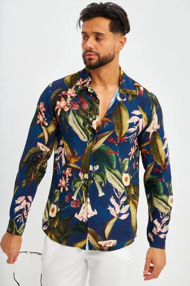 Men Chemise Bleu Marine Imprim Tropical Brentiny Paris Shirts