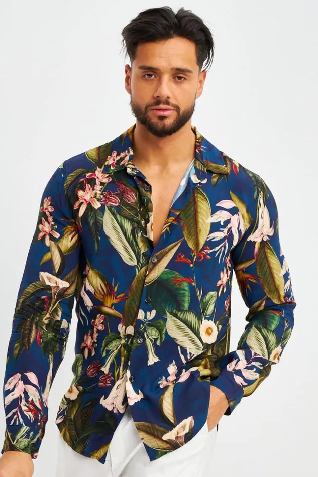 Men Chemise Bleu Marine Imprim Tropical Brentiny Paris Shirts