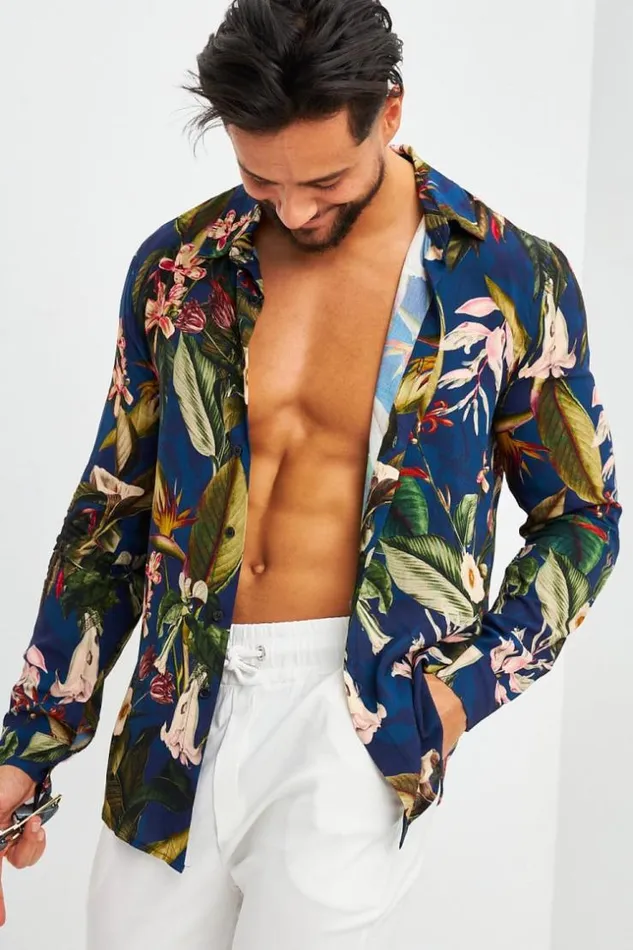 Men Chemise Bleu Marine Imprim Tropical Brentiny Paris Shirts