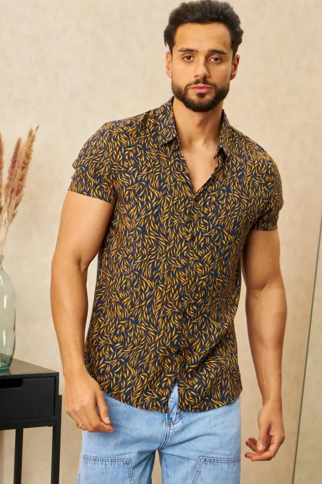Men Chemise Bleue Fonc Motif Jaune Blue Brentiny Paris Shirts