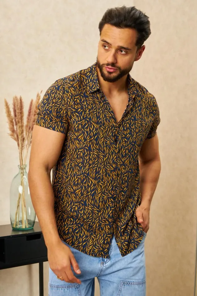 Men Chemise Bleue Fonc Motif Jaune Blue Brentiny Paris Shirts