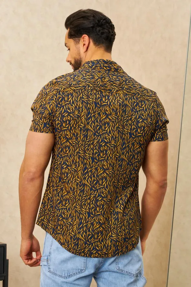 Men Chemise Bleue Fonc Motif Jaune Blue Brentiny Paris Shirts