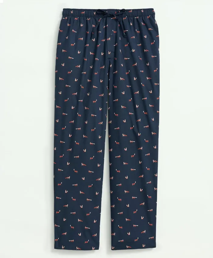 Men Cotton Broadcloth Fox Print Lounge Pants Navy Multi Brooks Brothers Pajamas and Robes