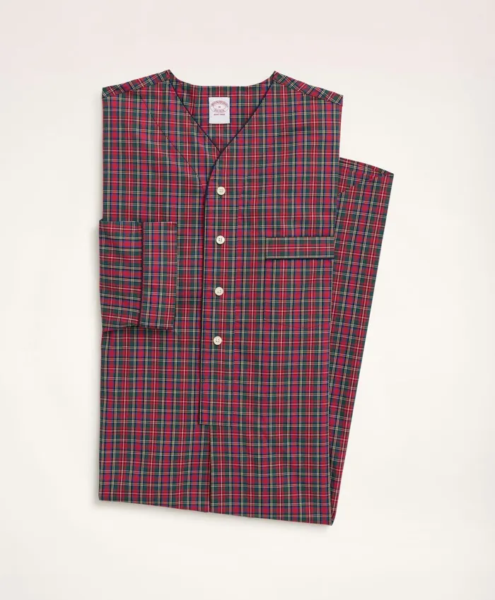 Men Cotton Broadcloth Tartan Nightshirt Redmulti Brooks Brothers Pajamas and Robes