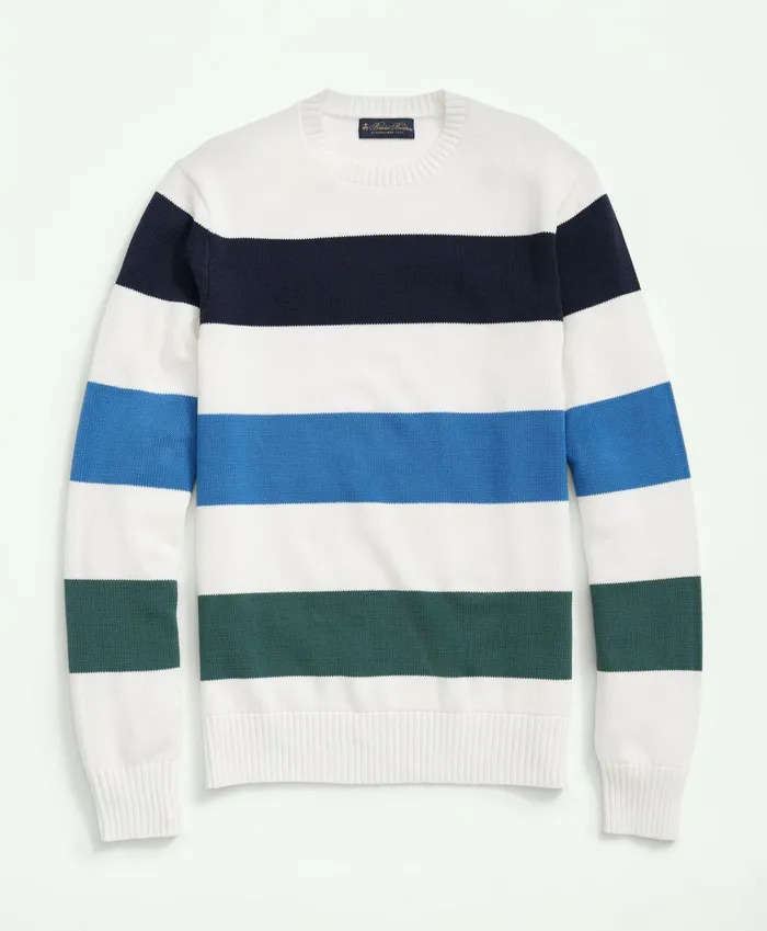 Men Cotton Crewneck Rugby Stripe Sweater White Multi Brooks Brothers Sweaters