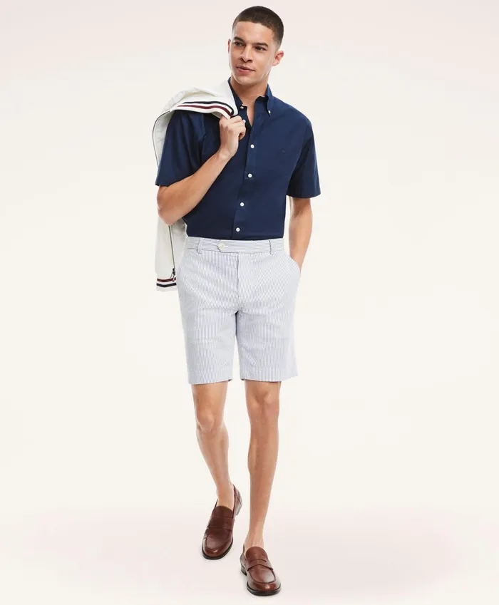 Men Cotton Seersucker Stripe Shorts Blue Brooks Brothers Shorts and Swimwear