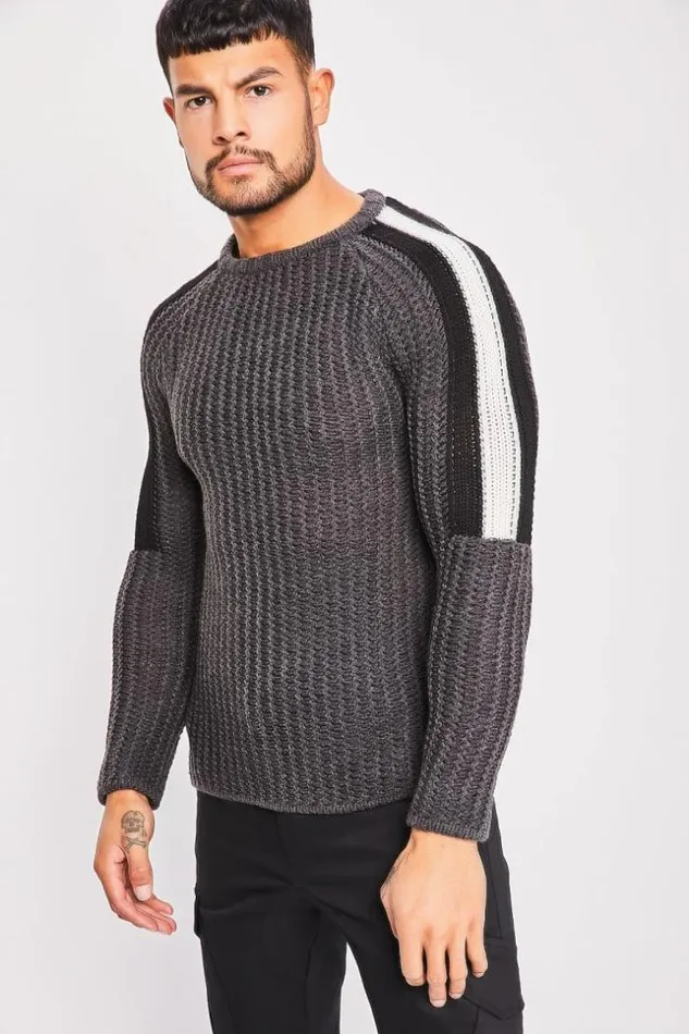Men Dak Grey Knit Sweater With White Shoulders Grey Brentiny Paris Sweatshirts and Pullovers