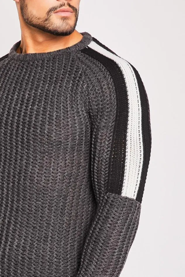 Men Dak Grey Knit Sweater With White Shoulders Grey Brentiny Paris Sweatshirts and Pullovers