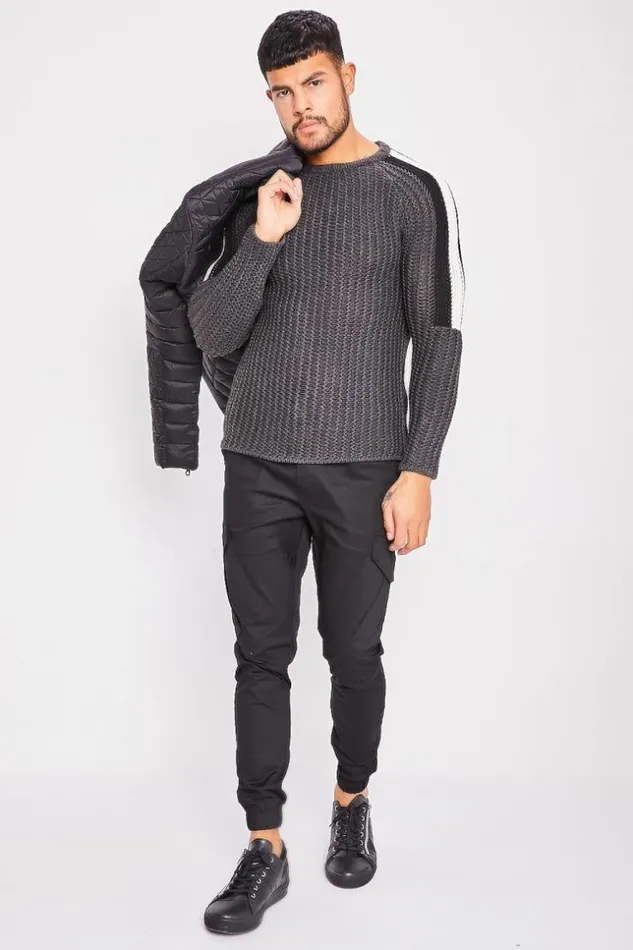 Men Dak Grey Knit Sweater With White Shoulders Grey Brentiny Paris Sweatshirts and Pullovers