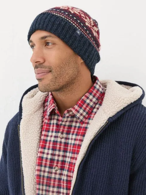 Men Fatface Hats Navy Fairisle Pattern Beanie
