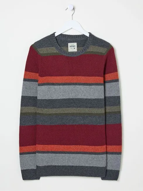 Men Fatface Knitwear Hinton Charcoal Grey Chest Stripe Crew Neck Jumper