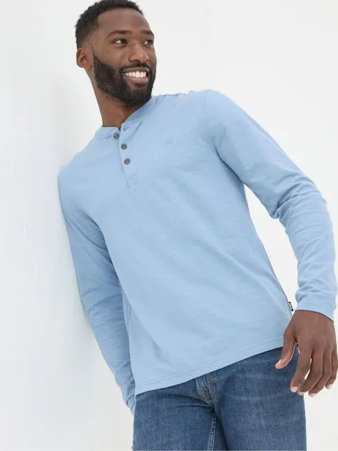 Men Fatface Loungewear Woodside Light Blue Long Sleeve Henley T Shirt