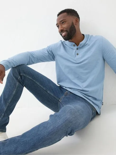 Men Fatface Loungewear Woodside Light Blue Long Sleeve Henley T Shirt