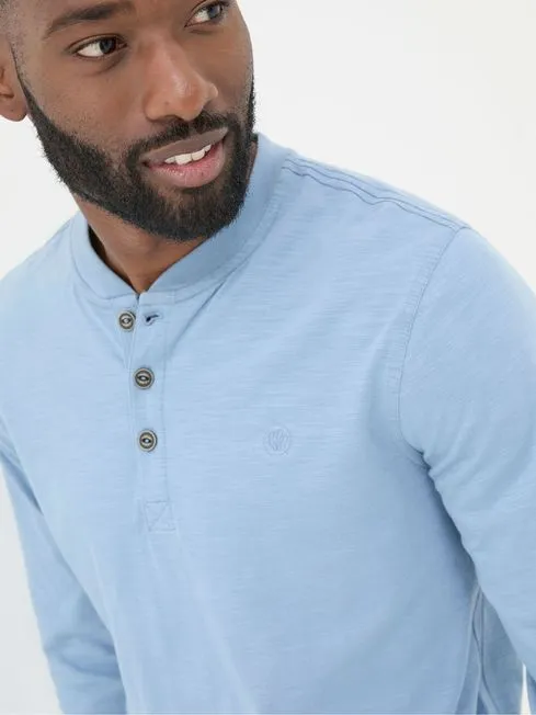 Men Fatface Loungewear Woodside Light Blue Long Sleeve Henley T Shirt