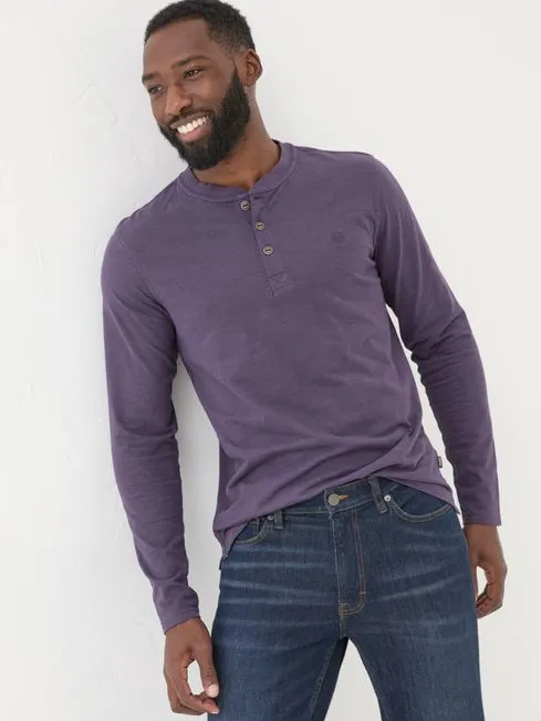 Men Fatface Loungewear Woodside Purple Long Sleeve Henley T Shirt