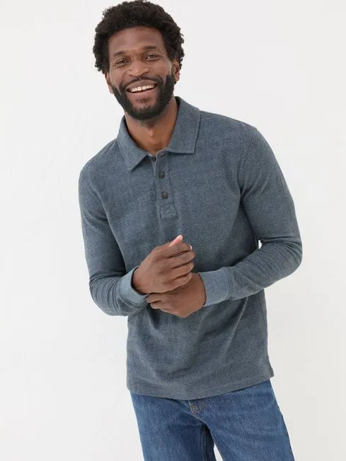 Men Fatface Polo Shirts Navy Herringbone Long Sleeve Polo Shirt