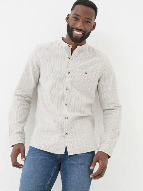 Men Fatface Shirts Natural Long Sleeve Stripe Grandad Shirt