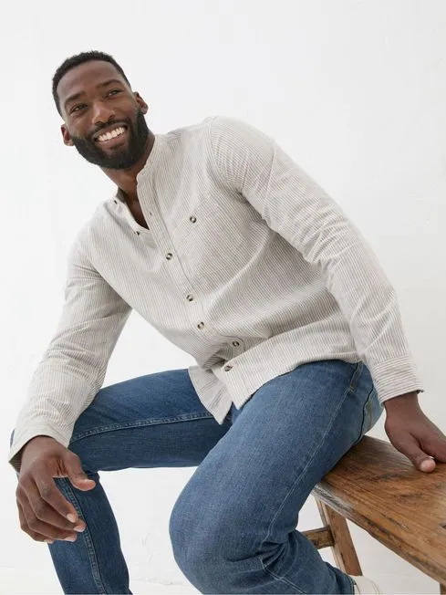 Men Fatface Shirts Natural Long Sleeve Stripe Grandad Shirt