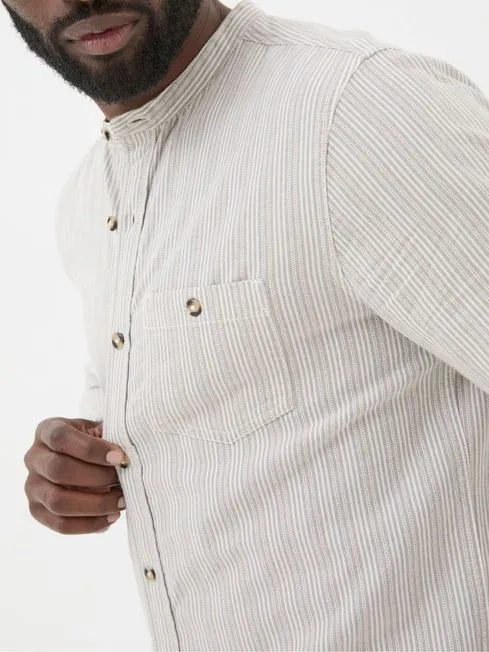 Men Fatface Shirts Natural Long Sleeve Stripe Grandad Shirt